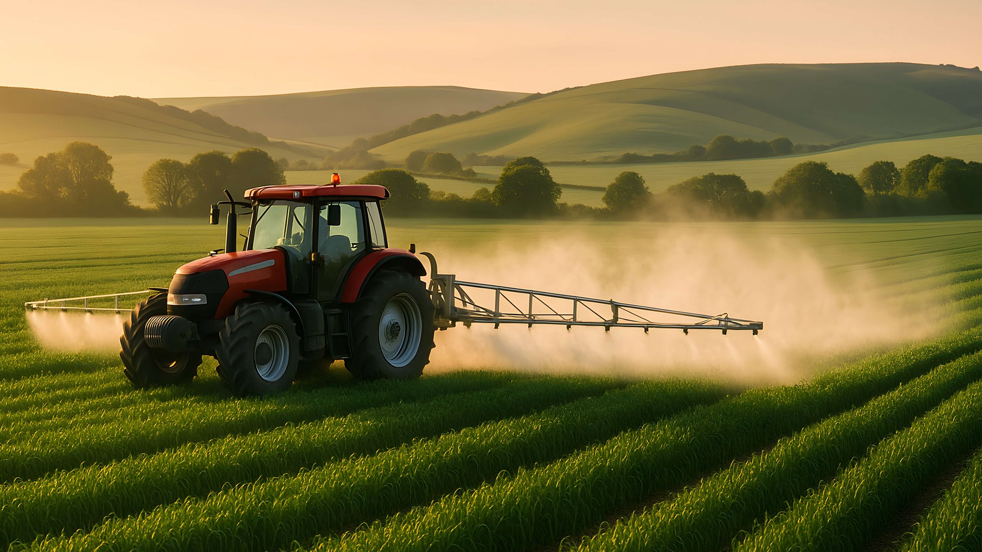 Tractor spraying a field.