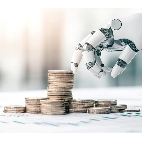 Robot hand touching coins. Robot hand touching coins.